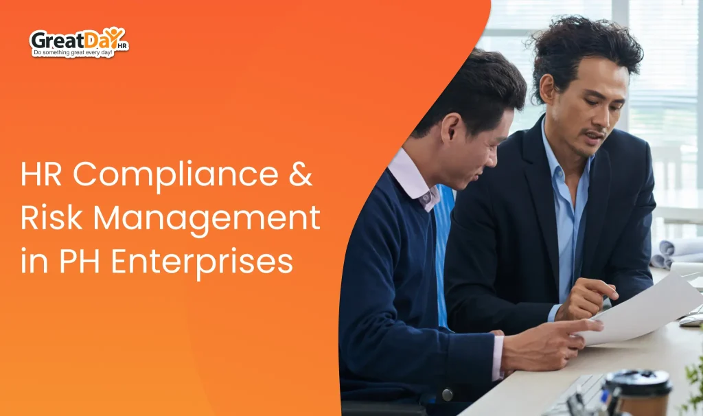 HR manager reviewing compliance checklist and HR risk dashboard on digital system