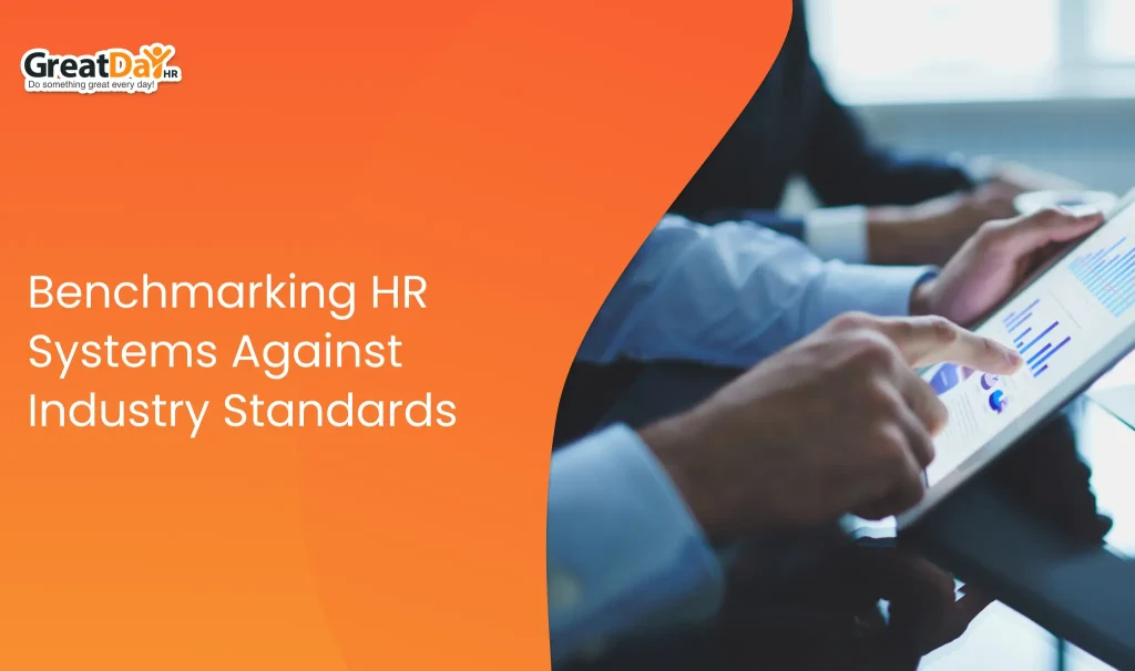 HR team analyzing HRIS benchmarking dashboards and performance metrics