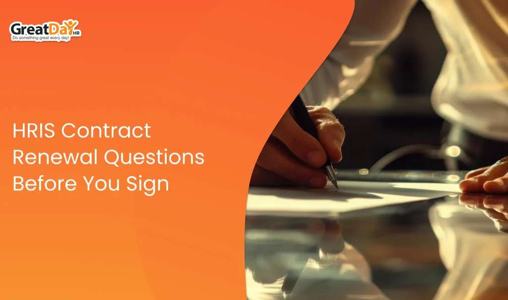 HR leaders reviewing an HRIS contract renewal checklist before signing a software agreement.