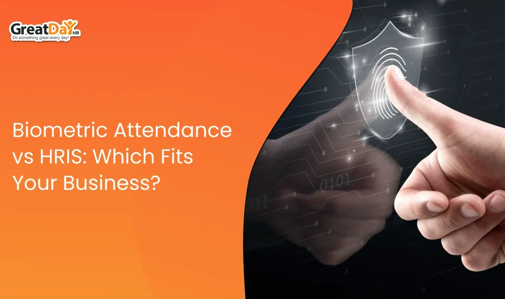 HR manager comparing biometric attendance and HRIS solutions for employee attendance tracking and payroll management.
