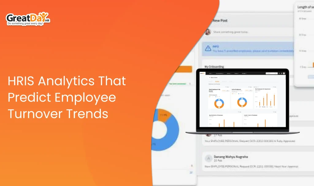 HR manager analyzing an HRIS dashboard showing employee turnover trends, workforce analytics, and retention metrics.