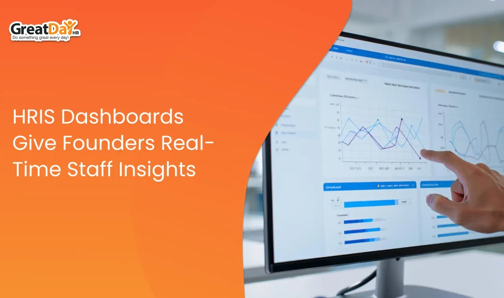 Founder reviewing an HRIS dashboard showing employee attendance, payroll summaries, workforce analytics, and performance metrics in real time.