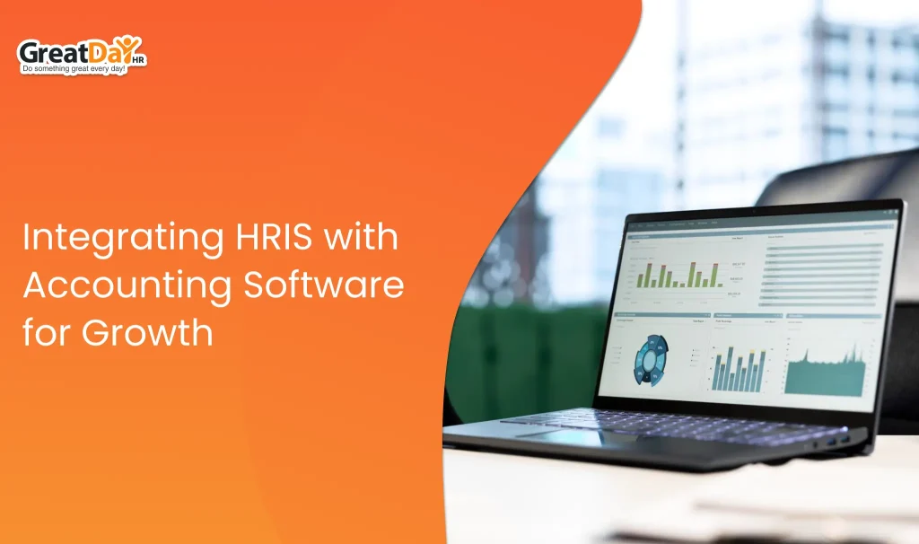 HR manager reviewing an integrated HRIS and accounting software dashboard showing payroll, employee records, and financial reports.